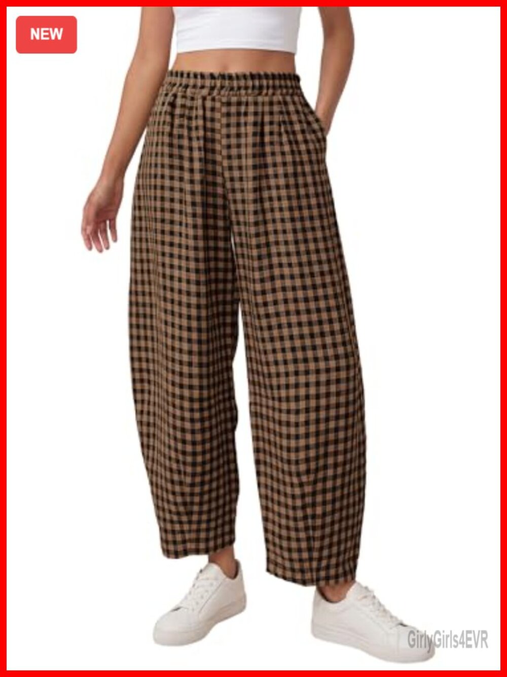 PRETTYGARDEN Plaid Barrel Pants Women Summer Lightweight Pull On Cropped